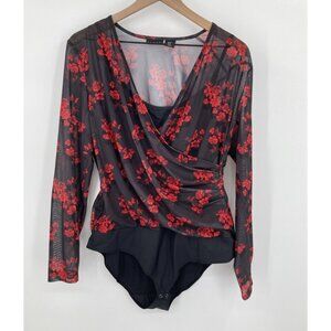 TAHARI Women Surplice Bodysuit XL Long Sleeve Floral Black Red Coquette Romantic